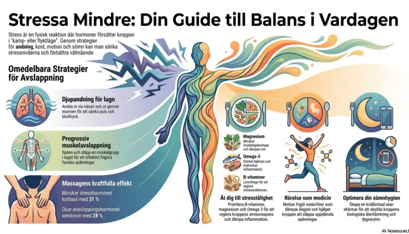 Grafik visar strategier för att minska kortisol, som djupandning, kost, motion och sömn, för att uppnå balans.