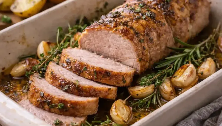 Délicieux filet mignon fumé, prêt à être dégusté. Une recette simple pour un plat savoureux, accompagné de pommes de terre rôties et d'ail.