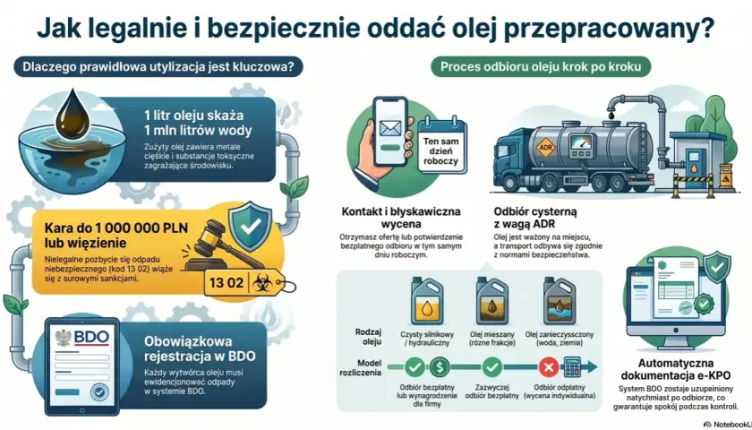 Proces odbioru zużytego oleju silnikowego: kontakt, wycena, ważenie cysterną ADR, rejestracja w BDO i automatyczna e-KPO.
