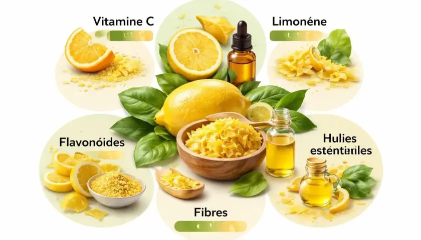 Le citron, source de vitamine C, limonène, flavonoïdes, fibres et huiles essentielles. Le zeste de citron est partout !