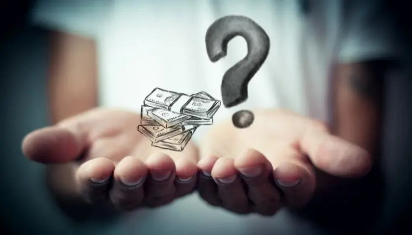 Mains ouvertes tenant des liasses de billets dessinées, avec un point d'interrogation au-dessus. Une question sur la participation aux bénéfices.