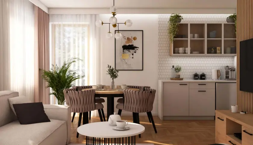 Nowoczesne kinkiety w salonie aranżacje: przytulna strefa wypoczynkowa z jadalnią, aneksem kuchennym i designerskim oświetleniem.