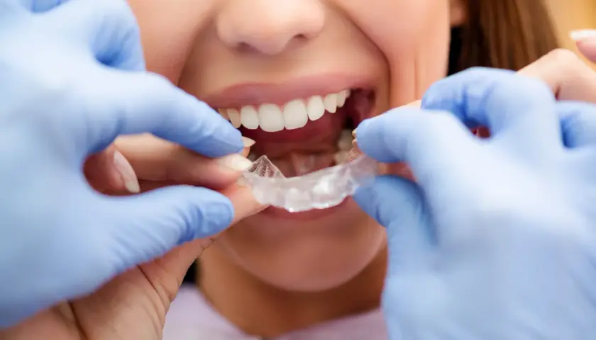 Manos con guantes azules colocan un alineador transparente. La sonrisa de la mujer muestra el progreso de su evolución Invisalign mes a mes.