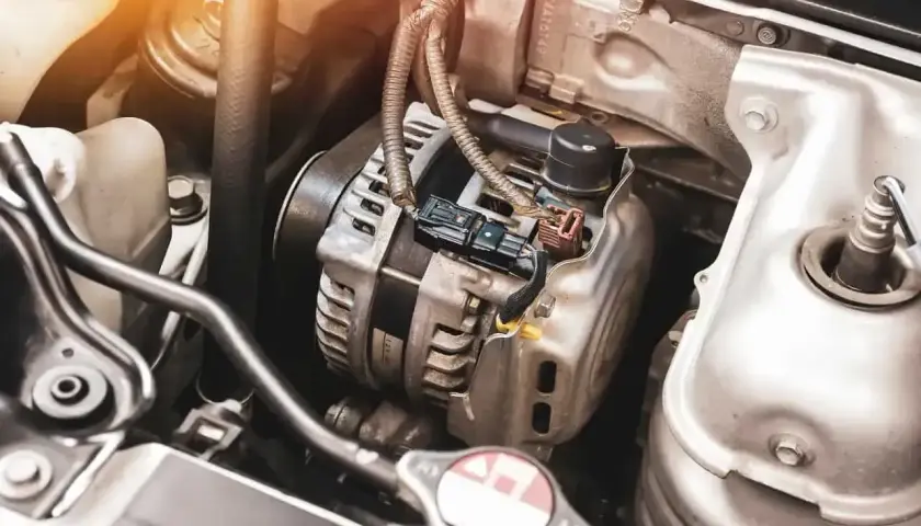Zbliżenie na alternator samochodowy w komorze silnika, z widocznymi przewodami i złączami.