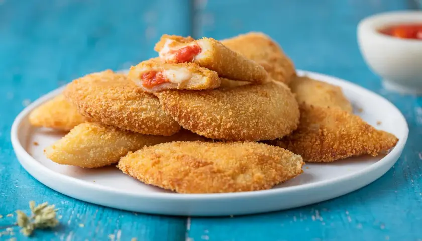 Sofficini fatti in casa dorati e croccanti, ripieni di pomodoro e mozzarella filante, pronti per essere gustati.