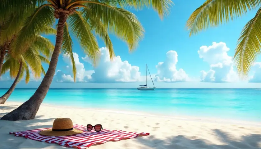 Idealne miejsce, gdzie jest ciepło w lutym: piaszczysta plaża, palmy, turkusowa woda i żaglówka na horyzoncie. Na ręczniku leży słomkowy kapelusz i okulary przeciwsłoneczne.