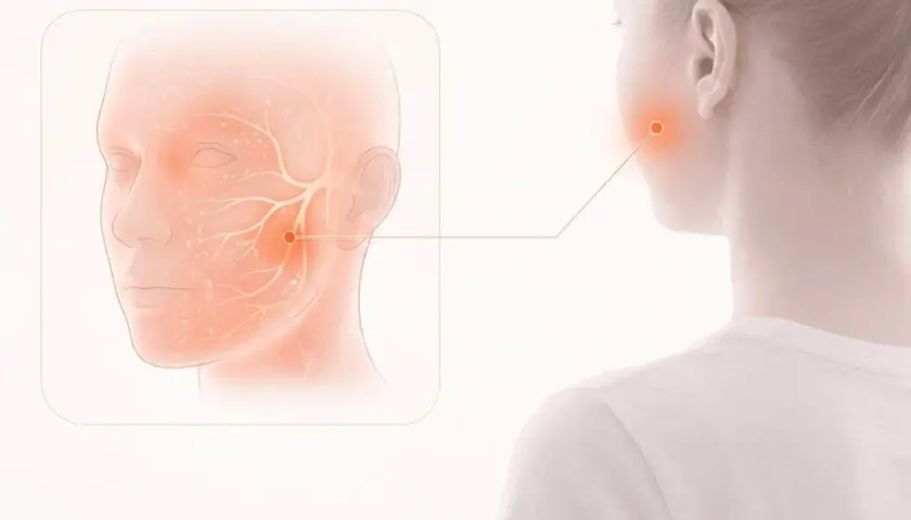 Illustration visar nerver i ansiktet, med en röd prick som markerar ett smärtområde. Kan vara relaterat till stickningar i ansiktet stress.
