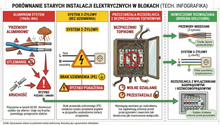 Stare instalacje aluminiowe z przewodami 2.5mm² są kruche i grożą pożarem. Nowoczesne rozwiązania z miedzią są bezpieczniejsze.