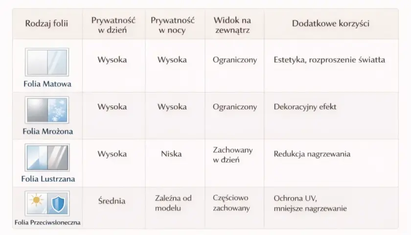 Tabela porównuje folie do szyb: matowe, mrożone, lustrzane, przeciwsłoneczne. Dowiedz się, czym zasłonić szyby w meblach, by zapewnić prywatność i estetykę.