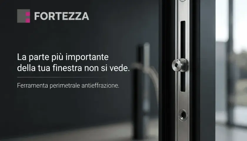 Dettaglio di una ferramenta a nastro perimetrale antieffrazione, parte essenziale e invisibile di una finestra Fortezza.