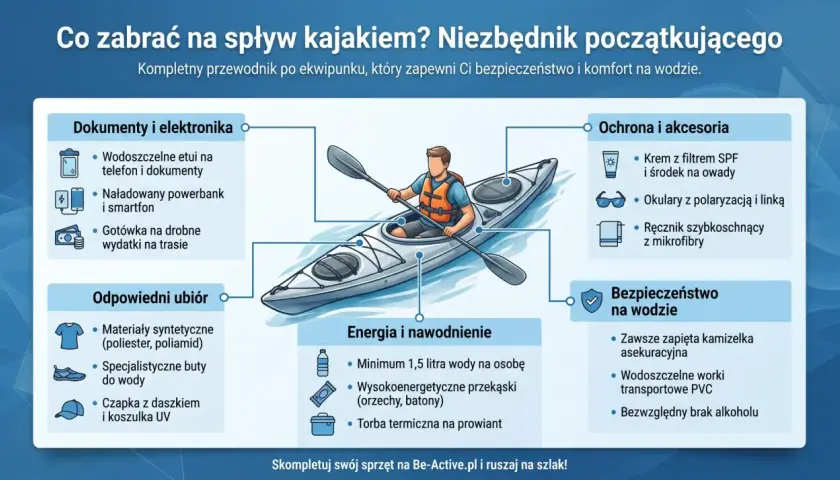 Co zabrać na kajaki? Niezbędnik początkującego: dokumenty, odpowiedni ubiór, ochrona, energia i bezpieczeństwo na wodzie.