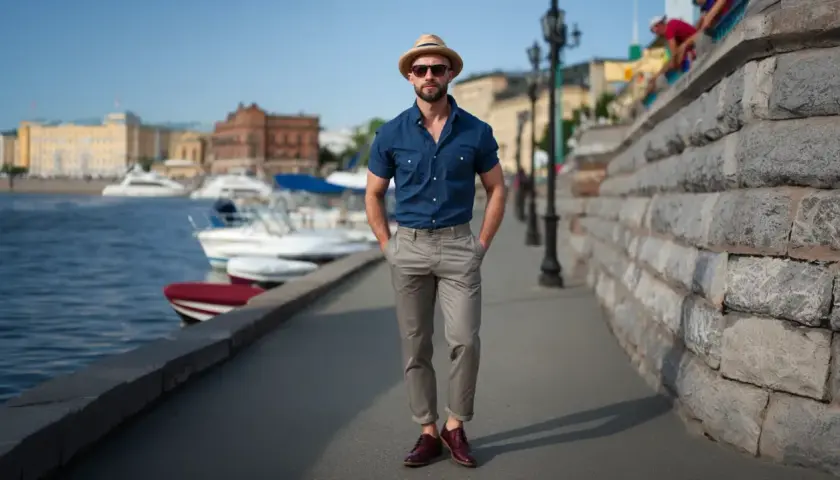 Elegancki mężczyzna w beżowym kapeluszu i okularach przeciwsłonecznych, w granatowej koszuli i szarych chinosach. Idealne buty do chinosów to ciemnobordowe oksfordy.