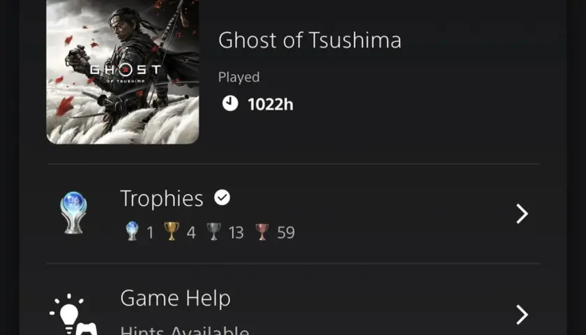 Ghost of Tsushima: 1022 godziny spędzone w grze, 1 platyna, 4 złota, 13 srebrnych i 59 brązowych trofeów.
