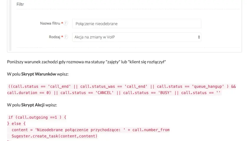 Konfiguracja filtra "Połączenie nieodebrane" dla akcji w VoIP. Skrypt warunków i akcji do obsługi nieodebranych połączeń przychodzących.