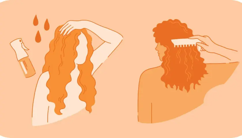 Illustration of two women with wavy orange hair, one spraying her hair, the other combing it.