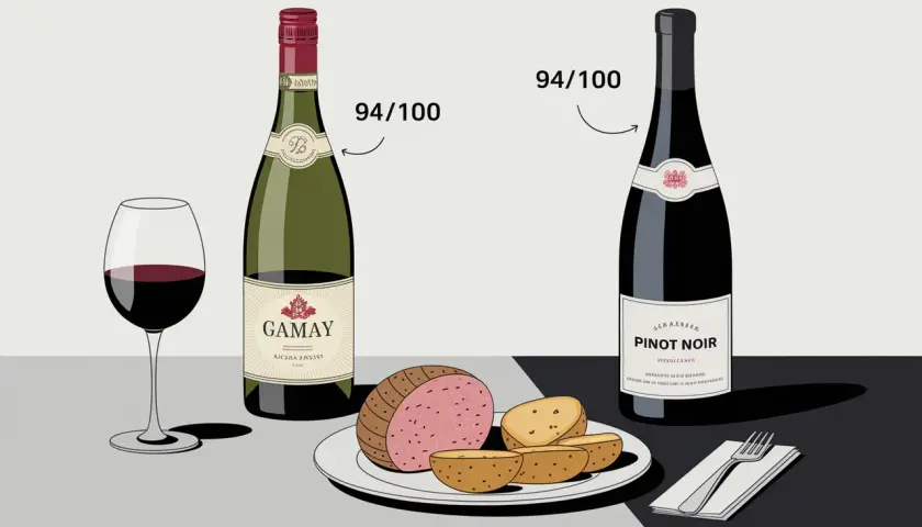 Quel vin avec du boudin blanc ? Un Gamay 94/100 ou un Pinot Noir 94/100, accompagnés de pommes de terre.