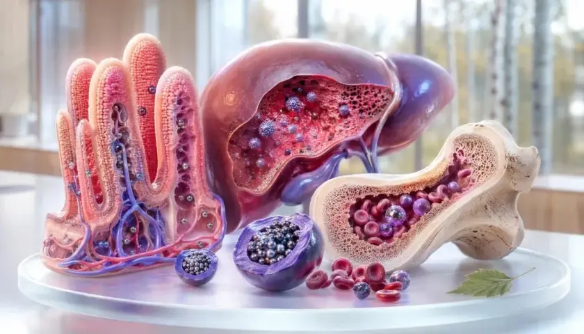 Villi intestinali, fegato e midollo osseo mostrano l'impatto della celiachia e del ferro basso, con globuli rossi e particelle viola che simboleggiano carenze.