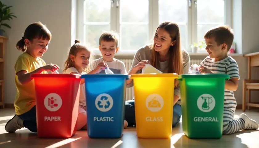 Uśmiechnięta pani uczy dzieci segregacji śmieci. Kolorowe pojemniki: papier, plastik, szkło, ogólne. Radosna nauka ekologii.