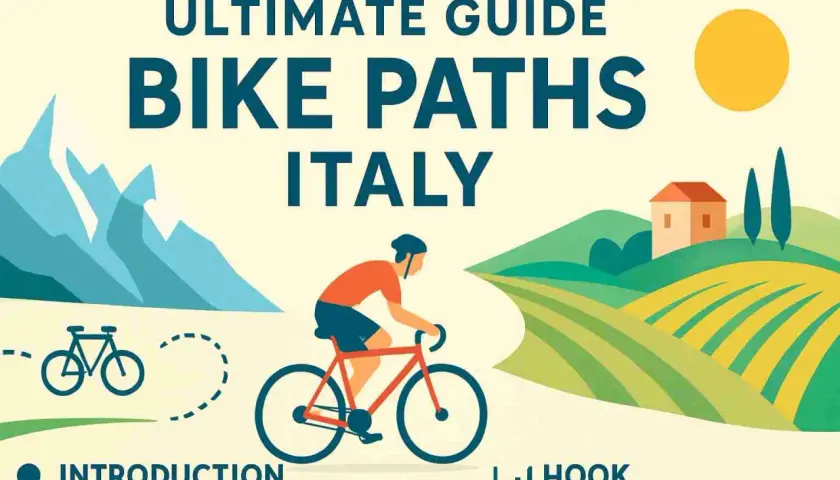 Illustration of a cyclist on a path through Italian countryside with mountains and vineyards.