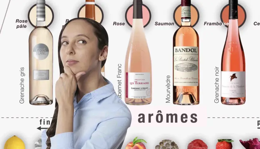 Une femme réfléchit devant plusieurs bouteilles de vin, dont un vin rouge rose. Des arômes de fruits et d'épices sont illustrés.