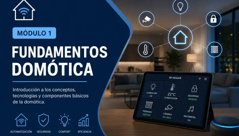 Aprende a domotizar tu casa con este módulo sobre fundamentos de domótica, mostrando control de iluminación, temperatura, seguridad y más en una tablet.