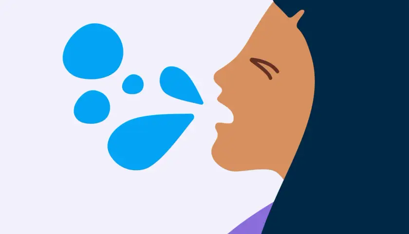Profil d'une personne toussant, avec des gouttelettes bleues projetées. Conseils pour savoir comment faire passer une toux.