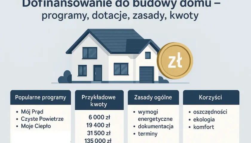 Dofinansowanie do budowy domu: popularne programy, przykładowe kwoty, zasady i korzyści. Złota moneta symbolizuje wsparcie finansowe.