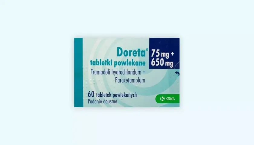Opakowanie leku Doreta 75 mg + 650 mg, zawierające 60 tabletek powlekanych tramadolu chlorowodorku i paracetamolu.