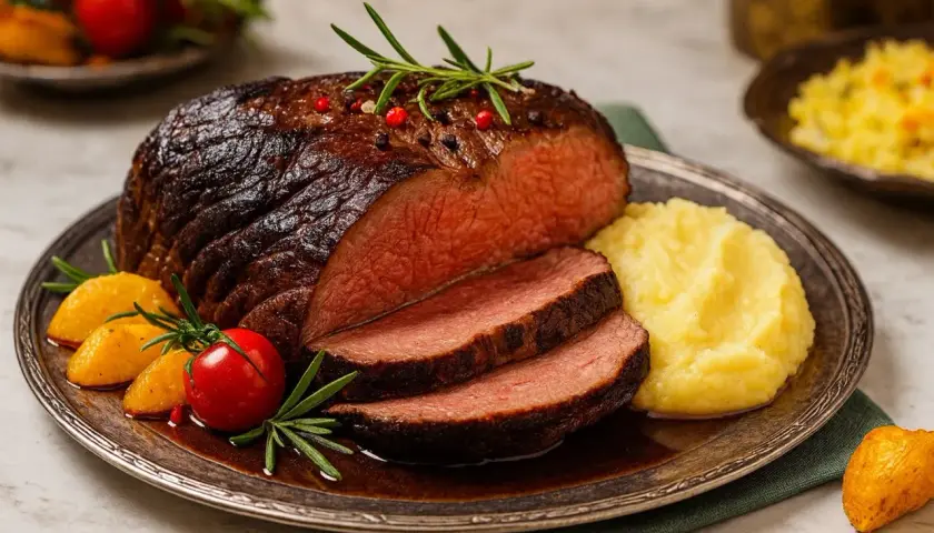 Saftiges Brasato al Barolo, zart geschnitten, serviert mit cremigem Kartoffelpüree und garniert mit Rosmarin und Kirschtomaten.