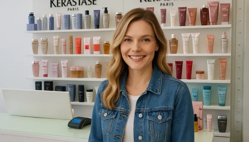 Mujer sonriente frente a estantes de productos Kérastase, mostrando variedad de tipos de mechas y tratamientos capilares.