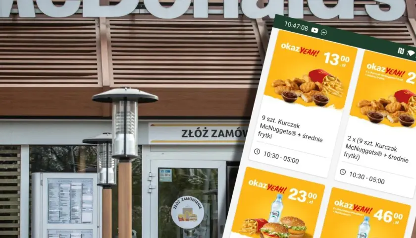 Na ekranie telefonu widać promocje McDonald's. Zastanawiasz się, ile kosztuje duża cola w Mc? Na razie widzimy zestawy z McNuggetsami i burgerami.