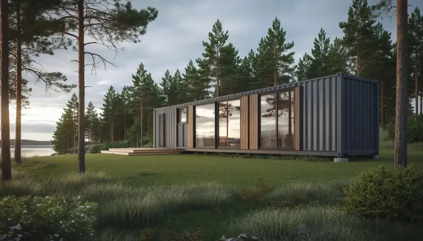 Modernt container hus vid en sjö, omgivet av tallskog och gräs. Solnedgången speglas i de stora fönstren.