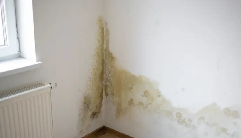 Ciemne plamy na ścianie po malowaniu, przypominające pleśń, rozprzestrzeniają się w rogu pokoju, blisko okna i grzejnika.