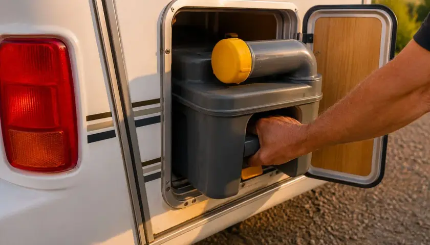 Maintenant, je retire le réservoir d'eau grise du camping-car pour le vider.