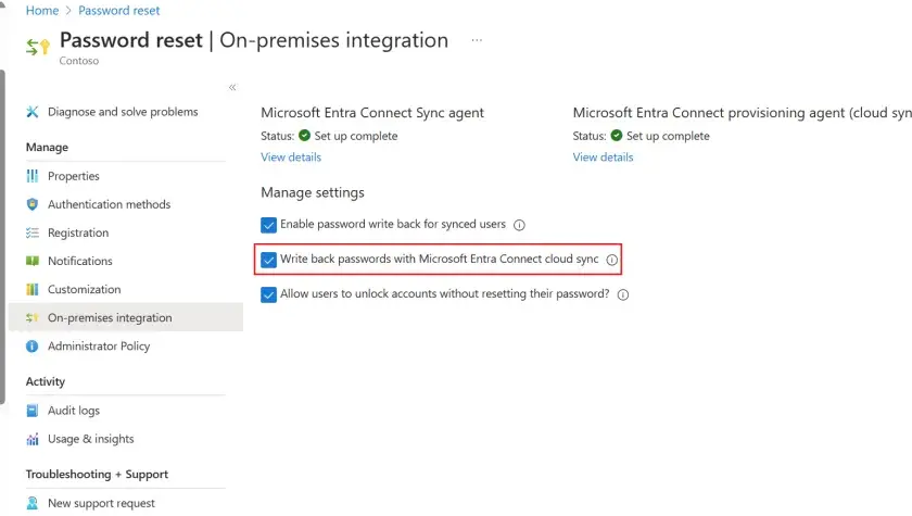 Paramètres de réinitialisation de mot de passe Azure AD : activation de la synchronisation des mots de passe avec Microsoft Entra Connect cloud sync.