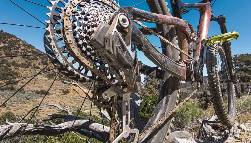 Close-up of a mountain bike's rear derailleur, showcasing its intricate design and the chain. This advanced electronic shifting system ensures smooth gear changes on challenging terrain.