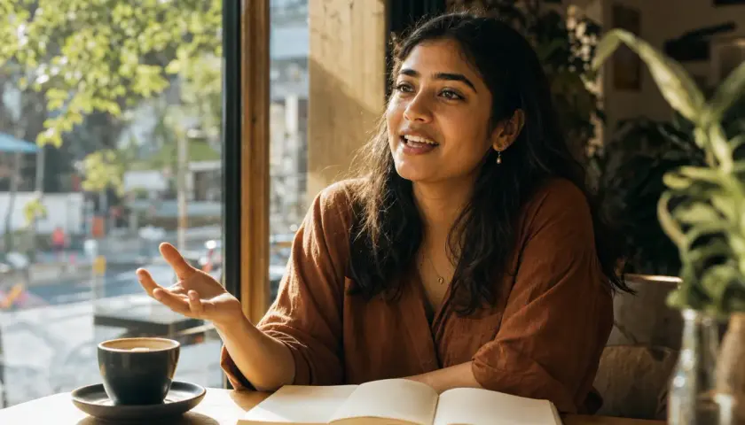 Donna sorridente parla, con un libro aperto e una tazza di caffè. Sembra avere idee *amazing* e *awesome*.