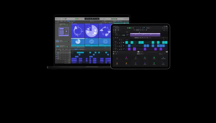 Laptop und Tablet zeigen die Benutzeroberfläche von Logic Pro. Ein Logic Pro Tutorial könnte hier beginnen.