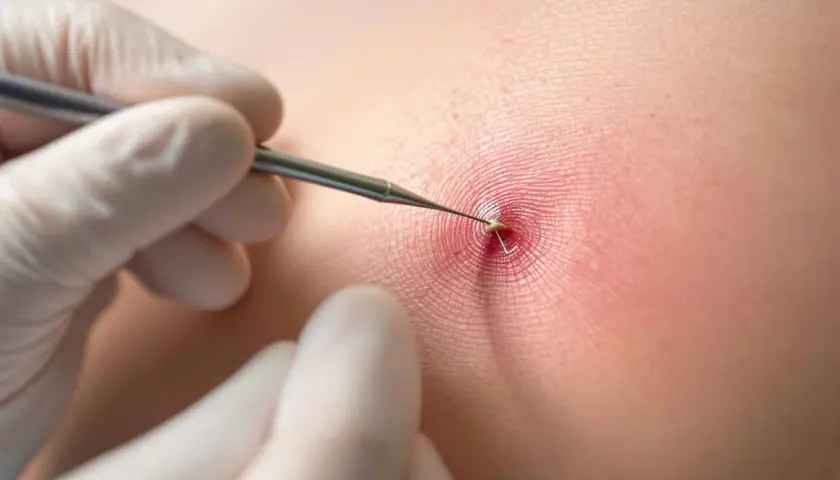 Main d'un chirurgien en gant manipulant une aiguille pour retirer un point de suture résorbable infecté.