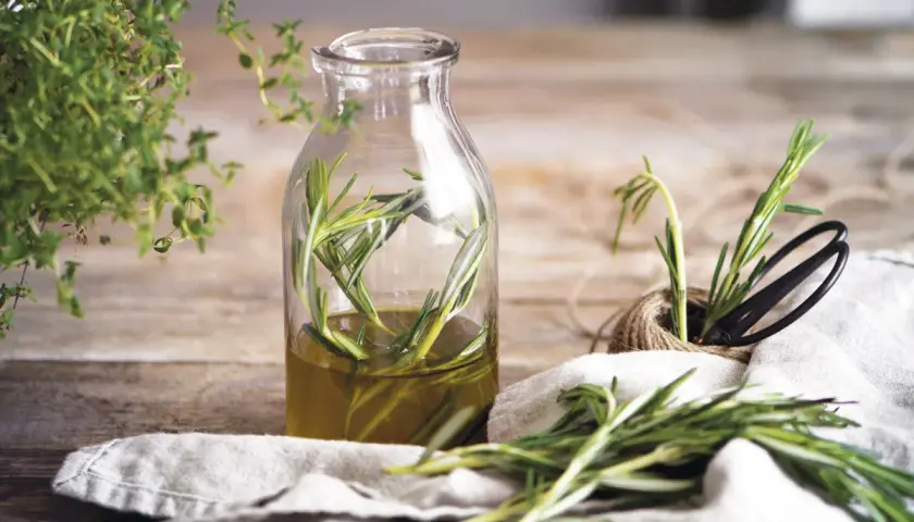Aceite de romero infusionado en botella, ideal para el alopecia femenina tratamiento natural. Hierbas frescas y tijeras a un lado.