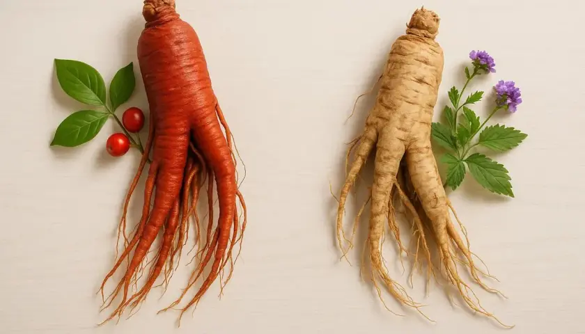 Två ginsengroter, en röd med bär och en ljus med blommor. Tänk på ginseng biverkningar vid användning.