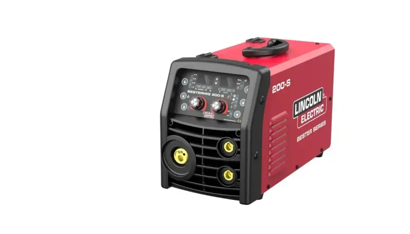 Czerwony spawalniczy Lincoln Electric Bestermig 200-S, idealny do prac z drutem.