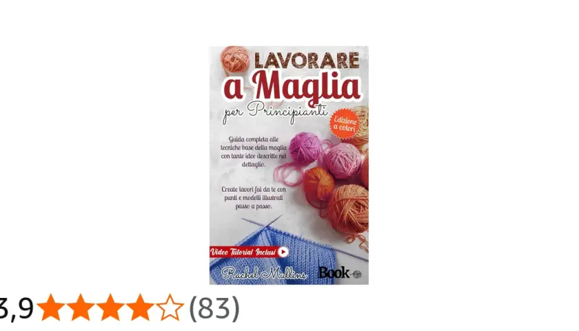 Copertina libro "Lavorare a Maglia per Principianti", con gomitoli colorati e un lavoro a maglia in corso. Impara a lavorare a maglia con questa guida.