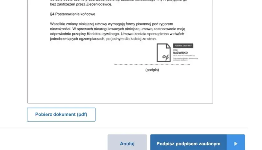Podpisz dokument profilem zaufanym. Widoczny fragment umowy i przycisk do podpisu elektronicznego.