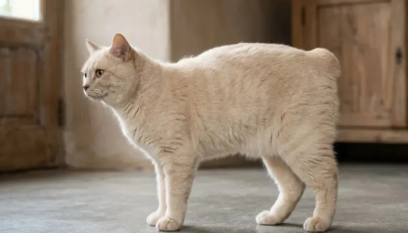 A cream-colored cat with no tail stands alertly on a concrete floor.
