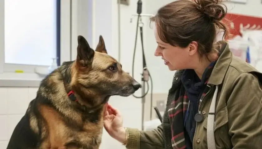 Uśmiechnięta kobieta głaszcze owczarka niemieckiego. Pies wygląda na spokojnego, a kobieta na troskliwą.