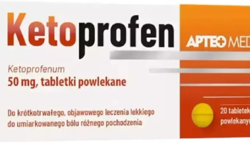 Opakowanie leku Ketoprofenum 50 mg, tabletki powlekane, 20 sztuk. Pomaga na ból.