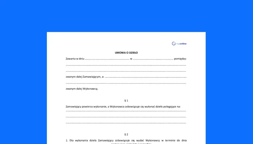 Strony umowy o dzieło: nagłówek "UMOWA O DZIEŁO", pola na dane stron i opis przedmiotu umowy.