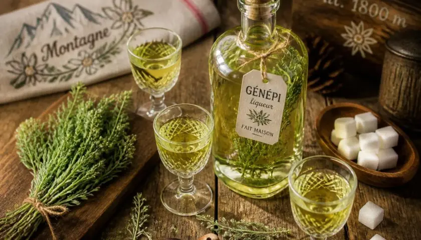Bouteille de liqueur de génépi fait maison, servie dans des verres avec des brins d'herbe et des morceaux de sucre. Une invitation à découvrir la recette génépi.