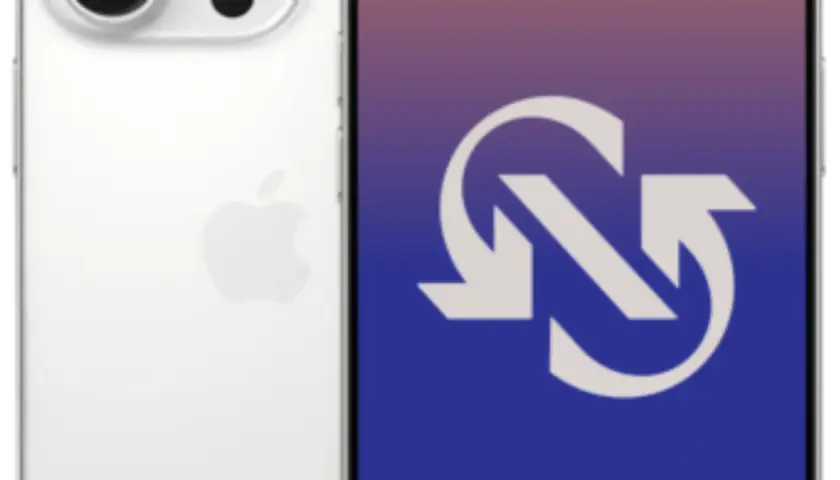 Biały iPhone 14 obok ekranu z symbolem odświeżania. Poznaj jego wymiary.